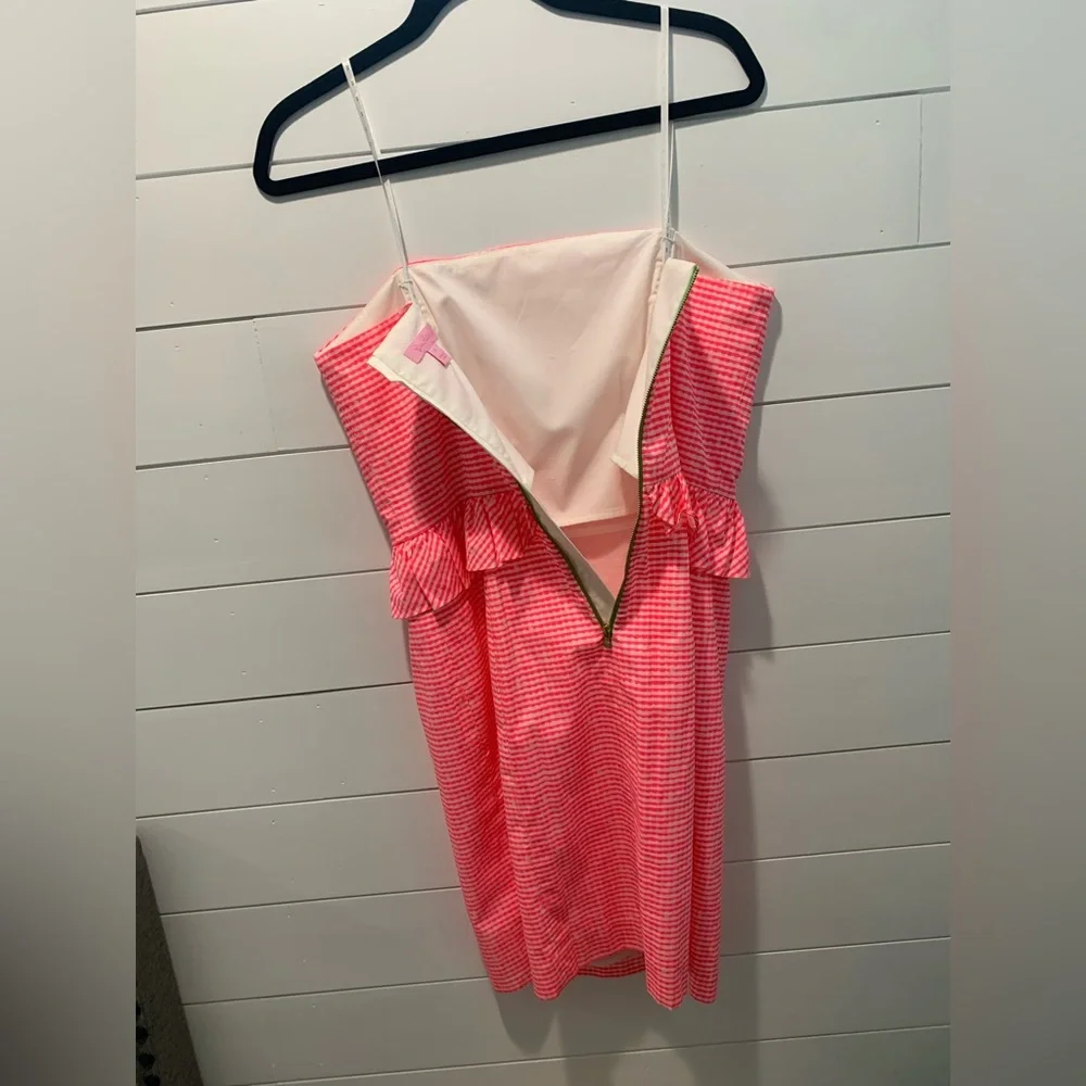 Lilly Pulitzer, size 8 hot pink gingham pencil dress, with cute ruffle detail. - Picture 7 of 12